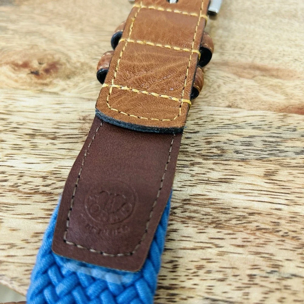 TORINO Italian Woven Elastic Belt Leather Tabs Blue Sz 40 MSRP$80 Made In USA